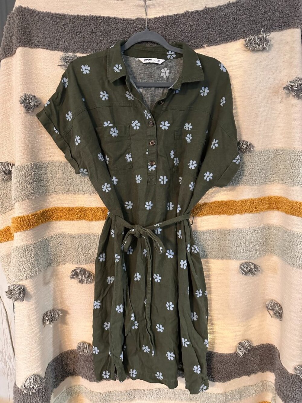 Sonoma Goods For Life Olive Green Linen Blend Floral Utility Shirt Dress - XXL